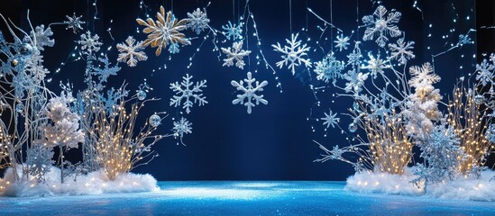 Aufkleber - Stunning overhead view of a festive winter scene with shimmering white snowflakes and delicate lights on a rich blue background perfect for holidays