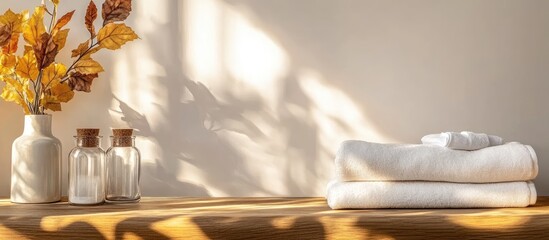 Wall Mural - Bright natural bedroom featuring autumn leaves in a vase, white towels stacked on a wooden surface, and soft sunlight casting gentle shadows on the wall.