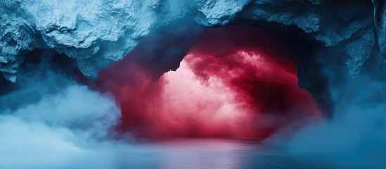 Aufkleber - Cave entrance surrounded by swirling red smoke and blue fog conveys a mysterious atmosphere with dramatic lighting and soft textures enchanting viewers.
