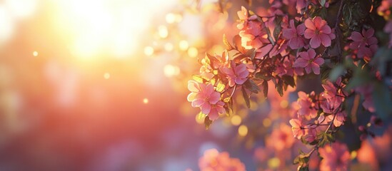 Poster - Spring blossoms illuminated by soft sunlight with bokeh effect in warm pink and orange hues creating a serene floral background.