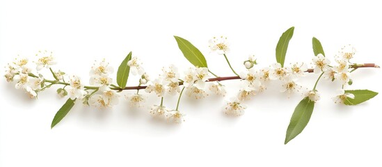 Poster - Delicate white flowers and green leaves on a slender branch against a clean white background creating a serene and natural composition.