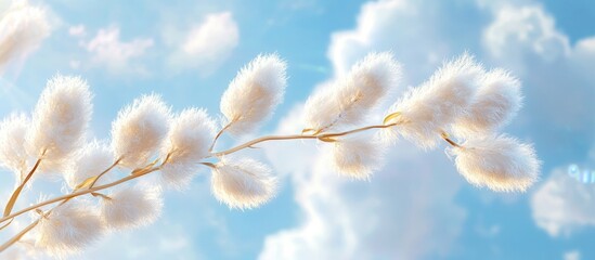 Poster - Fluffy willow branches blooming against a soft blue sky with white clouds in sunlight highlighting delicate textures and serene nature elements.