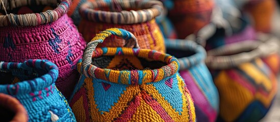 Poster - Vibrant close-up of colorful artisanal woven baskets in various blue, pink, and yellow hues, showcasing intricate patterns and textures.
