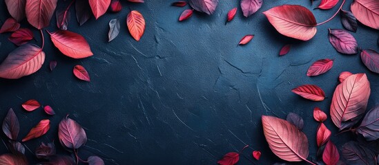 Poster - Autumn leaves in shades of red and purple arranged in a flat lay on a textured dark blue background with ample copy space for design use