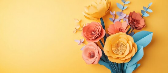 Poster - Vibrant bouquet of handcrafted paper flowers featuring orange, yellow, and blue on a soft pastel yellow background for Mother's Day celebration