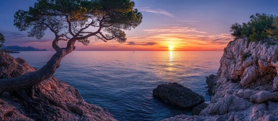 Fototapete - Serene coastal sunset over calm waters with vibrant purple and orange hues, rocky shoreline on the right, and a tree positioned on the left.
