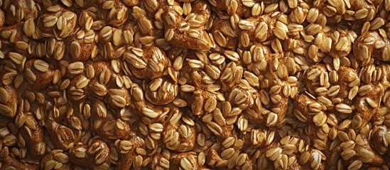 Poster - Golden Brown Oat Grains Spread Out in Aerial View Creating a Textured Background Ideal for Food or Bakery Related Advertisements