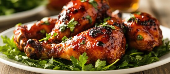 Poster - Delicious Bourbon Chicken Drumsticks Glazed with Sweet Sauce on a Bed of Fresh Green Herbs in a Rustic Setting Perfect for Culinary Events
