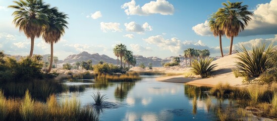 Aufkleber - Tranquil desert oasis with palm trees on the right, lush vegetation on banks, clear water reflecting blue sky and clouds in the background.