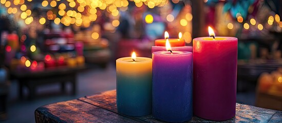 Poster - Colorful candles in shades of blue, purple, and pink with flames atop, set on a textured wooden surface, against a blurred background of warm lights.