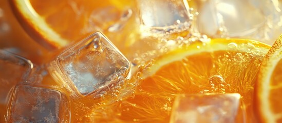 Aufkleber - Close-up of vibrant orange juice with ice cubes showcasing reflections and bright yellow-orange hues, capturing summer refreshment for warm days