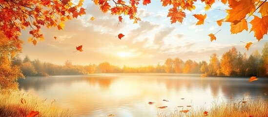 Fototapete - Vibrant autumn landscape with orange and yellow leaves over a serene lake at sunset with soft clouds and warm golden sunlight reflections.