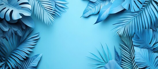 Poster - Blue tropical leaves frame, vibrant solid blue background, perfect for poster or advertisement mockup, showcasing depth and texture.