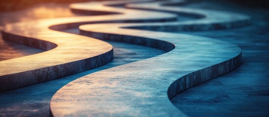 Poster - Curved concrete pathways in soft blue tones leading into the warm golden light at sunset creating a serene and modern outdoor atmosphere.