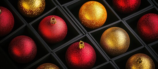 Poster - Vibrant red and gold Christmas ornaments arranged in black boxes against a dark background highlighting festive colors and textures of decorations
