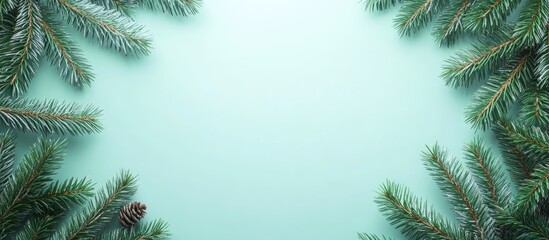Poster - Christmas themed frame with decorative fir tree branches in dark green positioned along the edges, set against a soft mint background with ample text space.