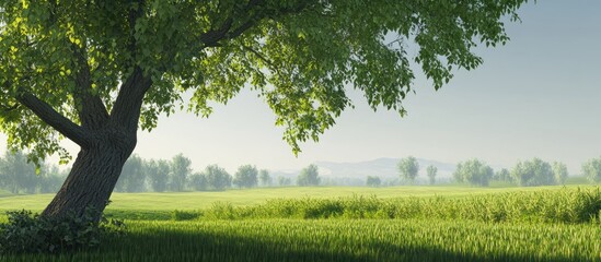 Poster - Lush green tree on vibrant green fields under a clear sky with distant mountains in a serene landscape setting inviting tranquility and nature's beauty