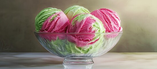 Aufkleber - Colorful ice cream scoops in pink and green shades arranged in a glass bowl on a neutral background creating a refreshing dessert display