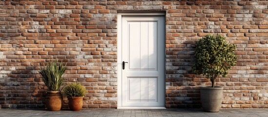 Poster - Charming white door framed by rustic brick wall with textured warm tones and greenery in terracotta pots creating inviting contrast and elegance