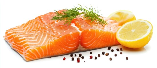 Poster - Freshly cut salmon fillets showcasing vibrant pink tones, garnished with dill and lemon slices, arranged on a clean white background with peppercorns.