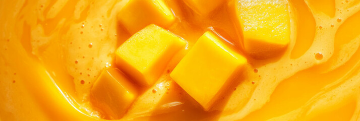 Poster - Creamy golden milk with refreshing mango ripples and chunks showcased from above