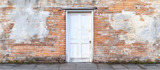 Poster - Classic white door positioned centrally against a rustic red and gray brick wall, highlighting a charming contrast with textured patterns around.