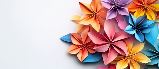 Poster - Colorful origami flowers in shades of pink, orange, blue, and purple artfully arranged on a clean white background with ample negative space.