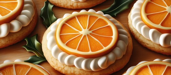Aufkleber - Delicious orange-flavored Christmas cookies topped with white cream and orange slices, arranged neatly with green holly accents on a wooden surface.