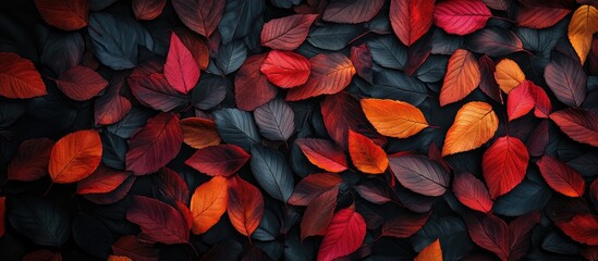 Wall Mural - Autumn leaf composition featuring vibrant orange and dark red leaves scattered on a textured dark background emphasizing natural contrasts and details.