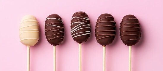 Poster - Delightful chocolate pops on wooden sticks arranged symmetrically against a soft pastel pink backdrop, with ample copy space for text.