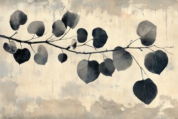 Wall Mural - Beautiful branch with heart-shaped leaves against a textured background in soft hues during an artistic presentation