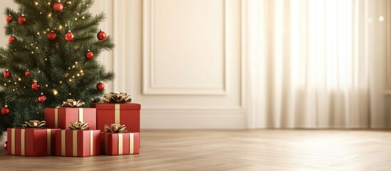 Poster - Christmas gift boxes in red and gold near a decorated fir tree with lights on a wooden floor in a bright room with soft curtains.