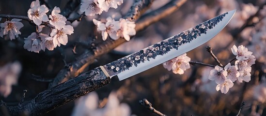 Fototapete - Delicate pink cherry blossoms frame a sleek, artistic knife resting on a textured branch, creating an intriguing contrast in soft light.