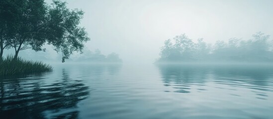 Poster - Misty lake landscape with soft blue hues, gentle ripples in the water, and blurred trees in the background creating a serene atmosphere.
