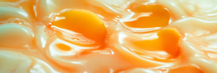 Poster - Dynamic swirling ripples of hazelnut milk with fresh mango slices create a refreshing background