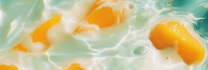 Poster - Dynamic swirling hazelnut milk infused with vibrant mango slices and rippling textures