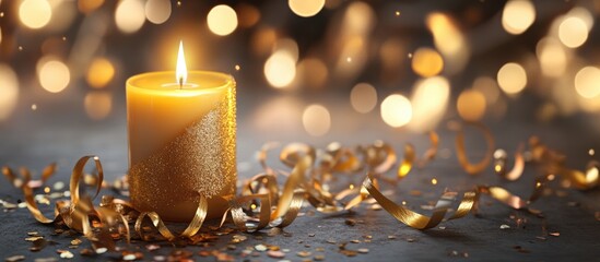 Poster - Golden candle lit against a blurred warm background, surrounded by gold confetti and shimmering streamers, evoking celebration and joy.