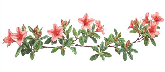 Aufkleber - Pink azalea flowers with vibrant green leaves arranged on a delicate branch, isolated on a clean white background, showcasing fresh spring elements.