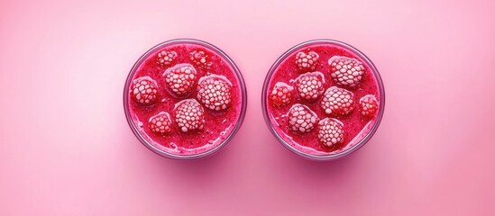Poster - Vibrant pink background highlighting two bowls of berry smoothie topped with fresh raspberries creating a healthy and delicious beverage display