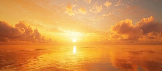 Poster - Vibrant orange sunset over calm ocean waters with soft clouds reflecting warm hues creating a serene travel-themed winter landscape.