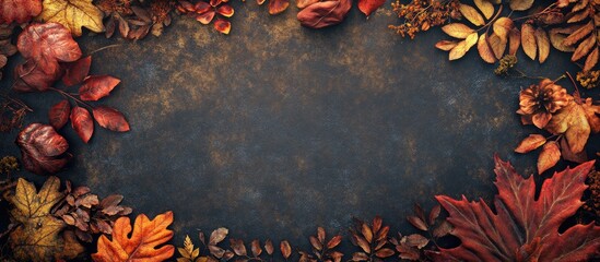 Poster - Autumn leaf frame with vibrant red, orange, and yellow foliage surrounding a dark textured center ideal for inscriptions and copy space.