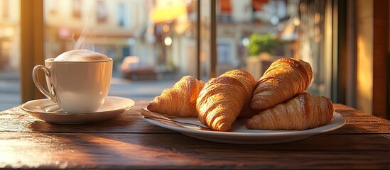 Poster - Warm morning light illuminating a plate of golden croissants next to a steaming cup of coffee on rustic wooden table with cozy café background.
