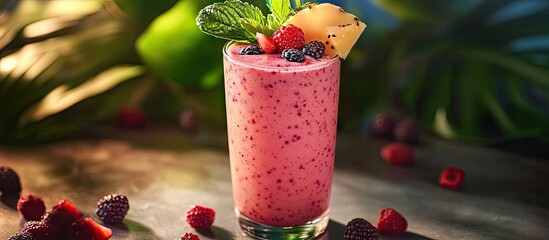 Poster - Vibrant pink berry smoothie in a tall glass garnished with mint and pineapple against a dark background with scattered fresh berries.