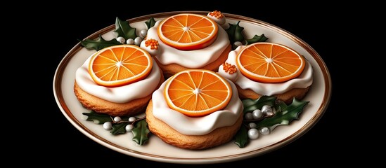 Poster - Festive orange-flavored cookies topped with cream and orange slices on a decorative plate surrounded by holly and pearls against a black background