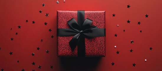 Poster - Red gift box with black ribbon centered on vibrant red background adorned with black stars and glittering confetti elements scattered around.