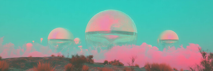 Poster - Futuristic landscape with translucent domes amid a vibrant color palette at dusk