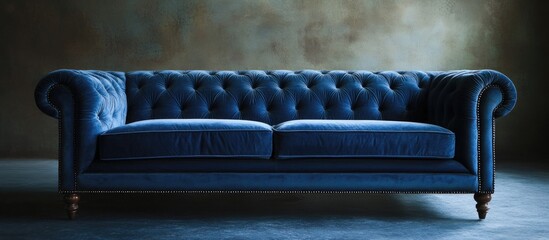 Fototapete - Elegant deep blue tufted sofa positioned centrally against a textured gray backdrop, showcasing its luxurious details for indoor real estate displays.