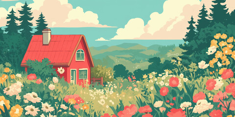 Poster - Cottage surrounded by vibrant flowers in a tranquil landscape