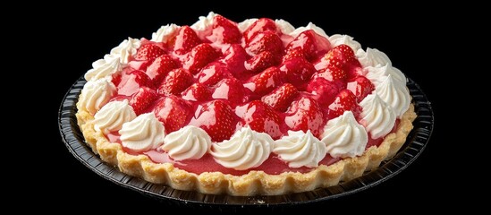 Poster - Delicious strawberry cream pie with vibrant red strawberries and creamy white dollops on a golden crust viewed from above on black background.