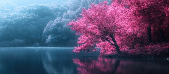 Fototapete - Serene landscape with vibrant pink cherry blossom tree on the left side, tranquil blue water reflecting the dramatic clouds and soft misty atmosphere.